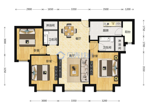 居室：3室2厅2卫 建面：102m²