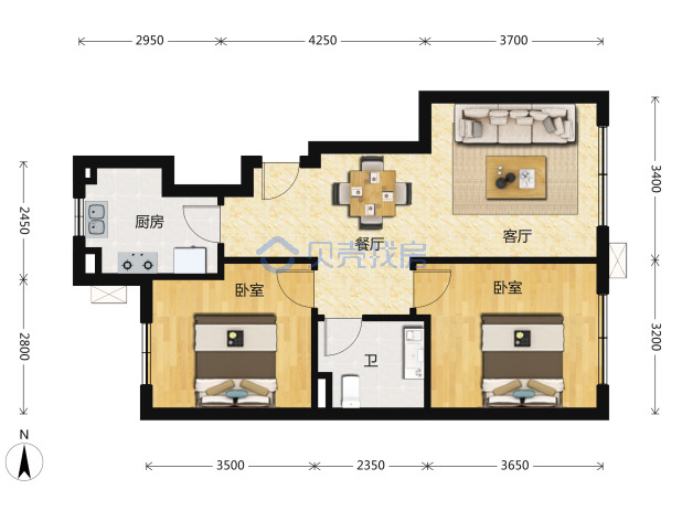 居室：2室2厅1卫 建面：70m²