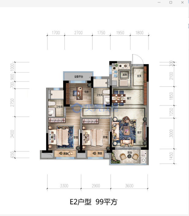 居室：3室2厅2卫 建面：99m²