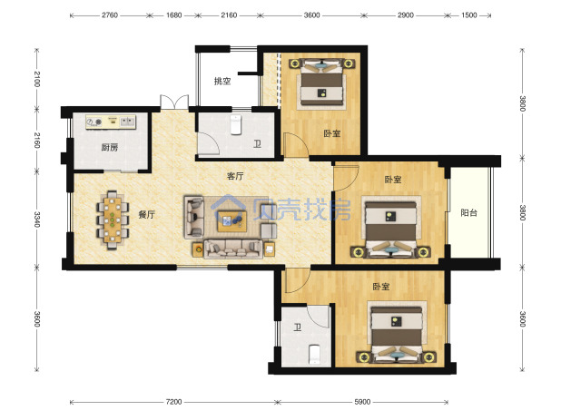 居室：3室2厅2卫 建面：120m²