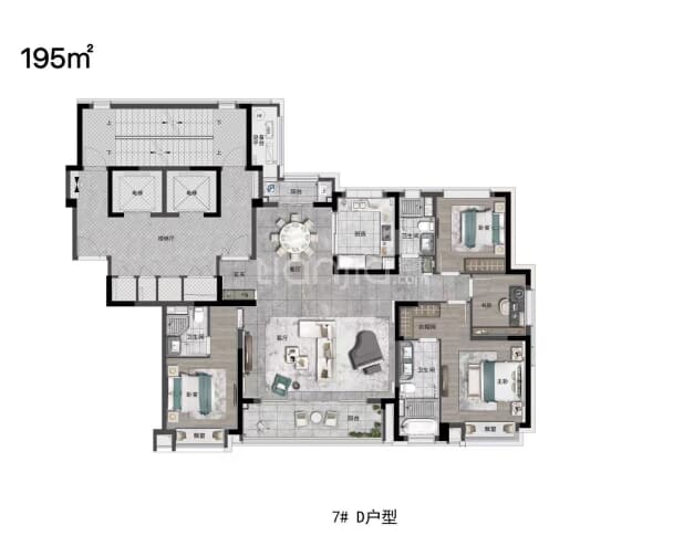 居室：4室2厅3卫 建面：195m²