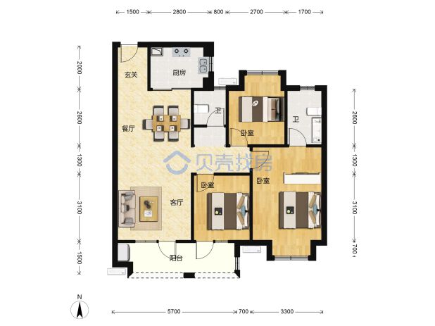 居室：3室2厅2卫 建面：109m²