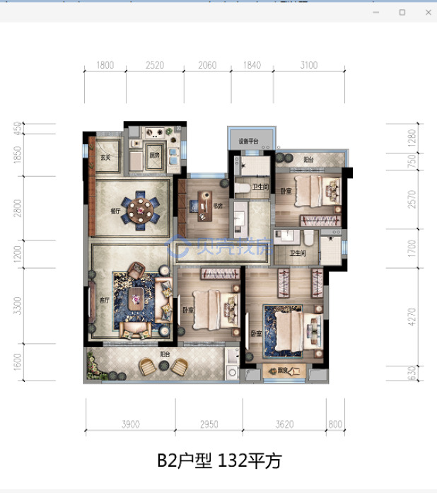 居室：4室2厅2卫 建面：132m²