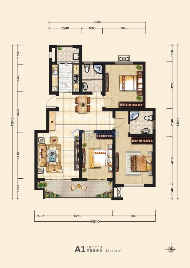 居室：3室2厅2卫 建面：121m²