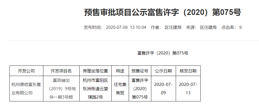 【杭州市佳兆业德信云望璞园楼盘】房价,户型,开盘时间详情 预售许可证