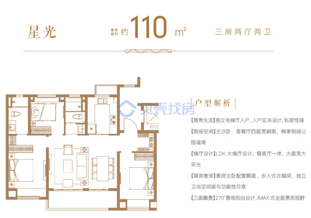 居室：3室2厅2卫 建面：110m²