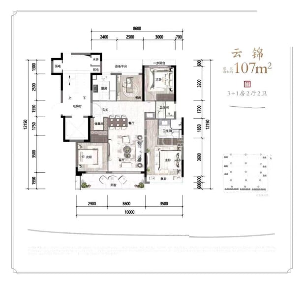 居室：4室2厅2卫 建面：107m²