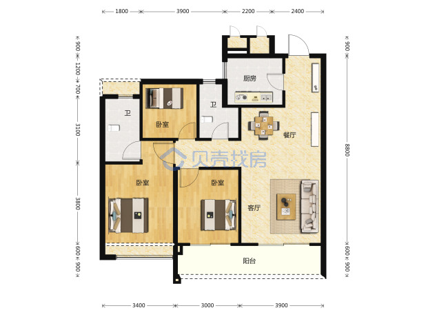 居室：3室2厅2卫 建面：101m²