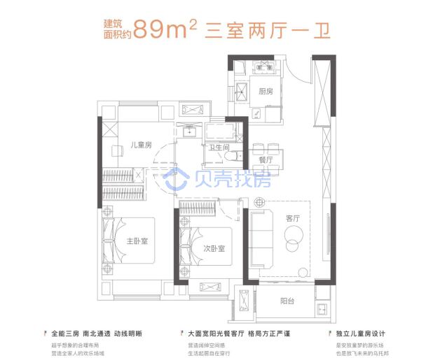 居室：3室2厅1卫 建面：89m²