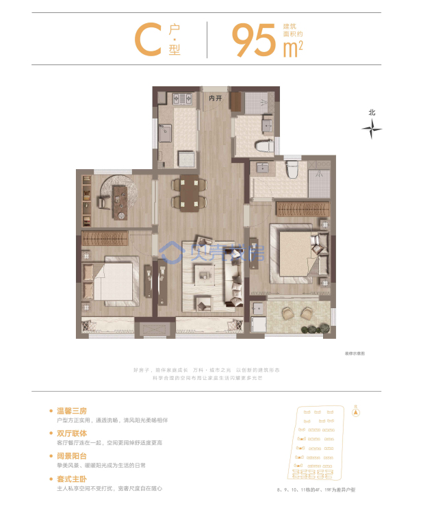 居室：3室2厅2卫 建面：95m²