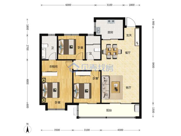 居室：3室2厅2卫 建面：120m²