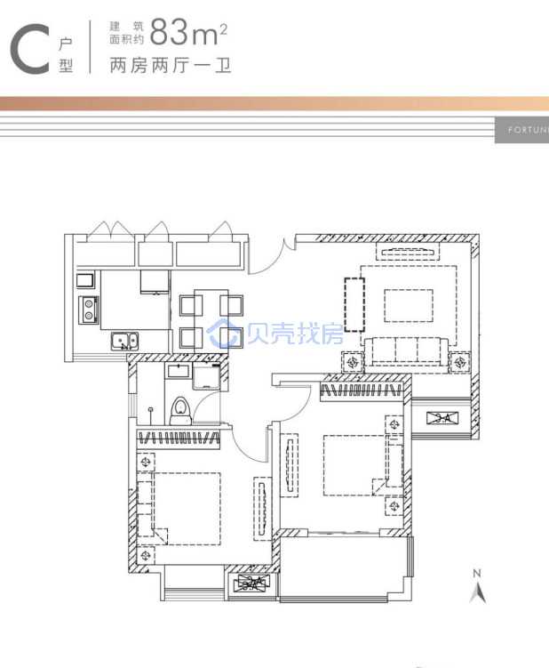 居室：2室2厅1卫 建面：83m²