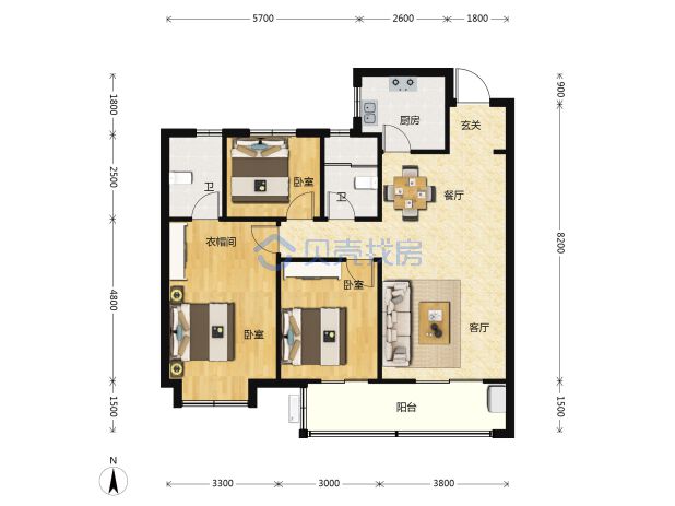 居室：3室2厅2卫 建面：110m²