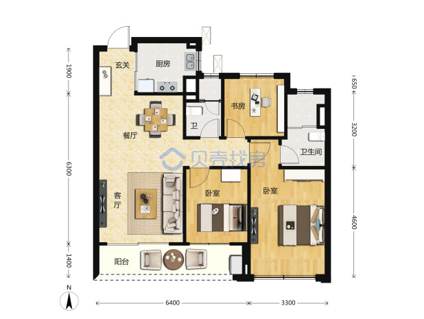 居室：3室2厅2卫 建面：100m²