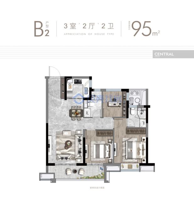 居室：3室2厅2卫 建面：95m²