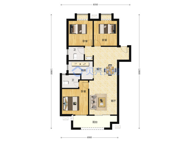 居室：3室2厅2卫 建面：108m²