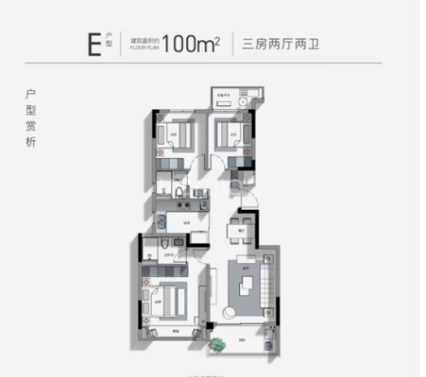 居室：3室2厅2卫 建面：100m²