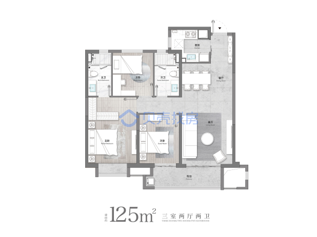 居室：3室2厅2卫 建面：125m²