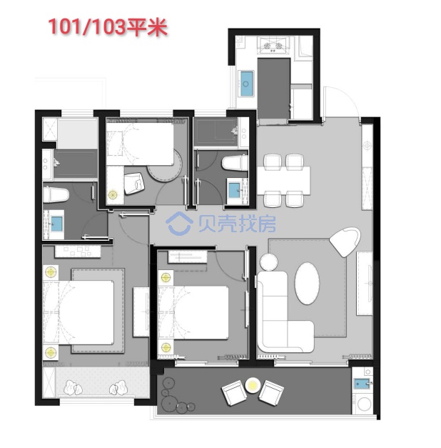 居室：3室2厅2卫 建面：101m²