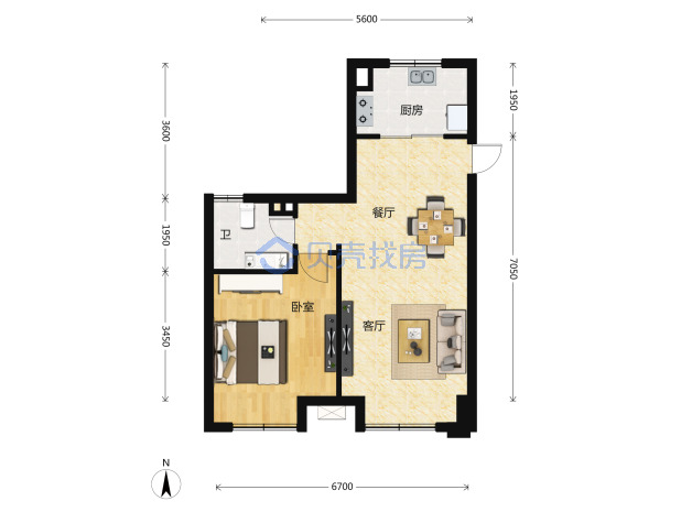 居室：2室2厅1卫 建面：72m²