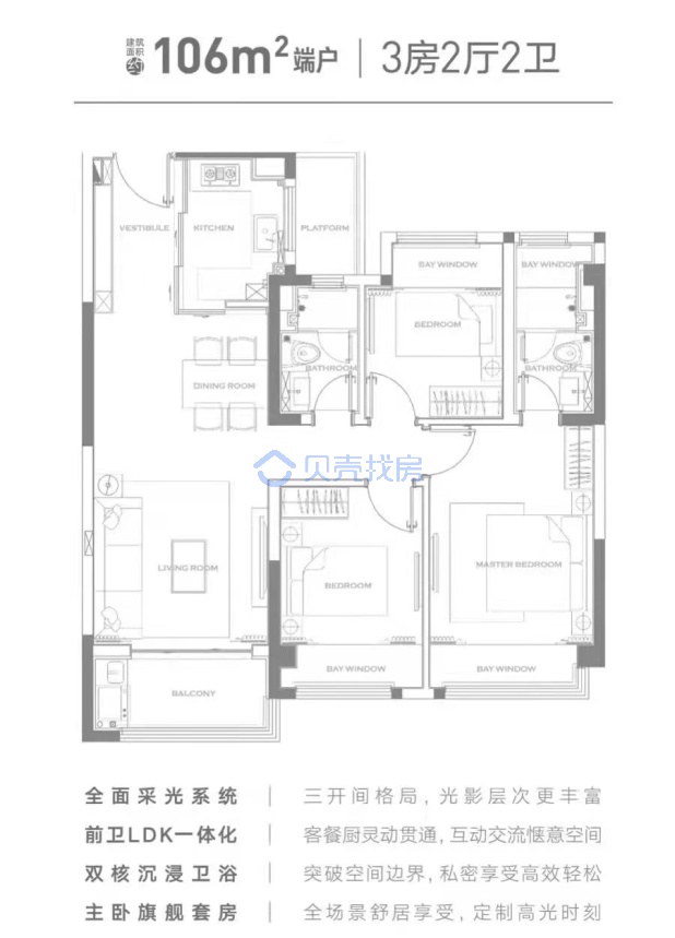 居室：3室2厅2卫 建面：106m²