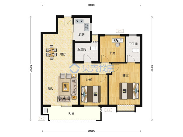 居室：3室2厅2卫 建面：108m²