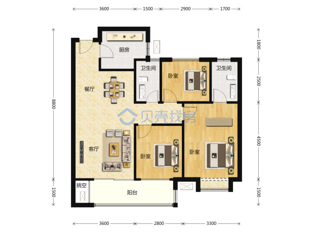 居室：3室2厅2卫 建面：103m²