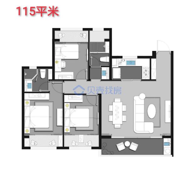 居室：3室2厅2卫 建面：115m²