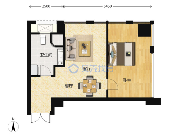 居室：1室2厅1卫 建面：59m²