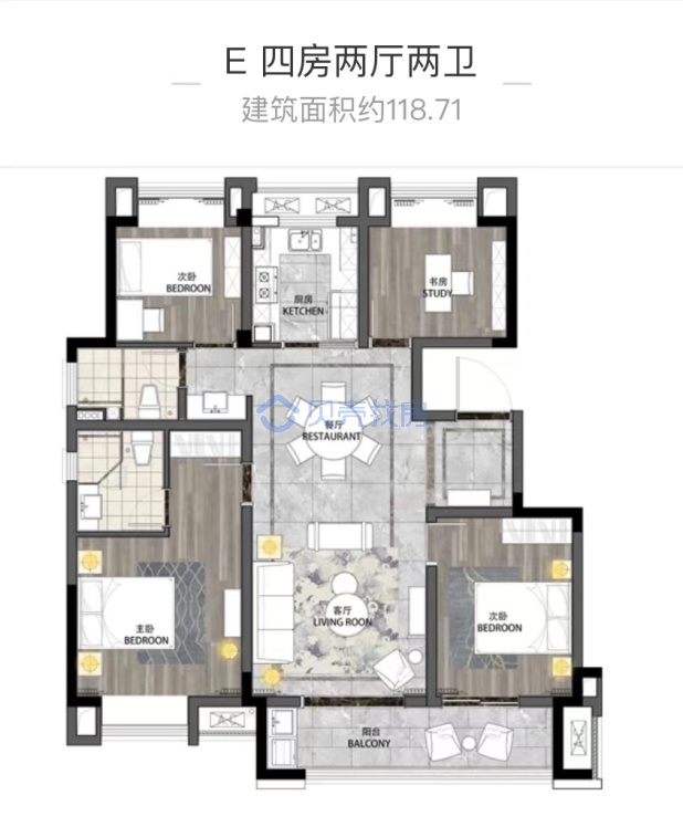 居室：4室2厅2卫 建面：118.71m²