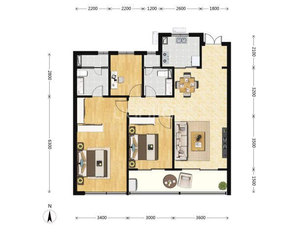 居室：3室2厅2卫 建面：108m²