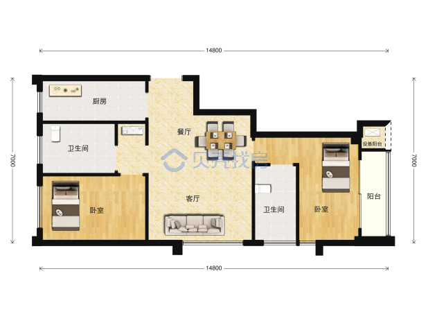 居室：2室1厅2卫 建面：88m²