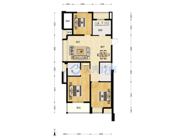 居室：3室2厅2卫 建面：102m²