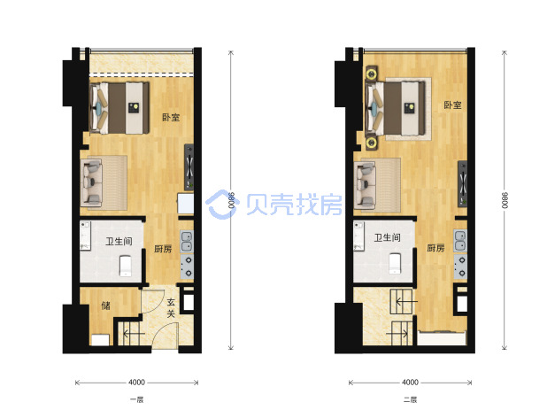 居室：2室2厅2卫 建面：61m²