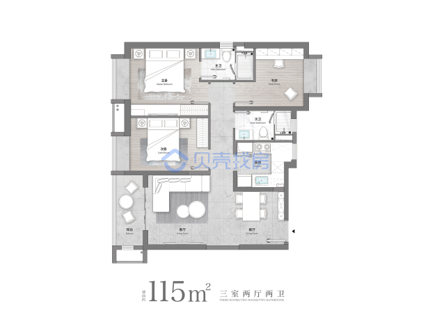 居室：3室2厅2卫 建面：115m²